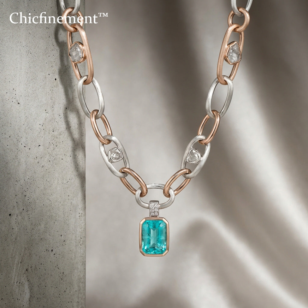 Chicfinement™ Emerald-Tone Geometric Chain Necklace Design Impression